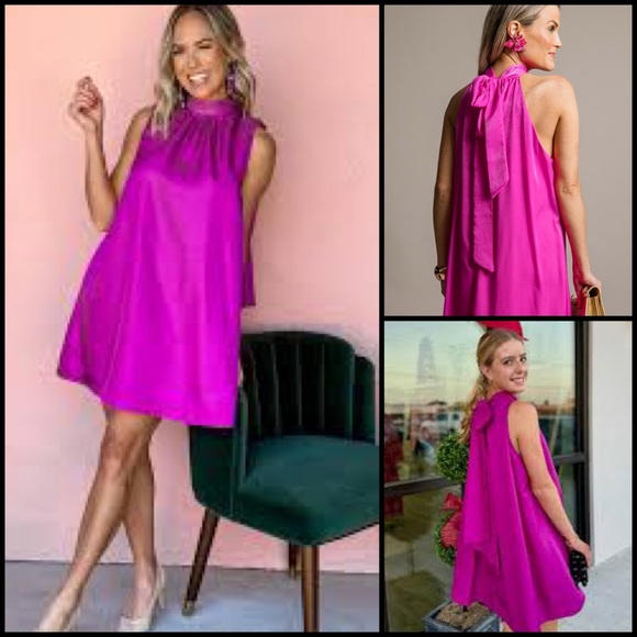 Strut & Bolt Fuchsia A-line Mini  Tie Back Feminine Romantic Halter Dress Sz M - Picture 1 of 13